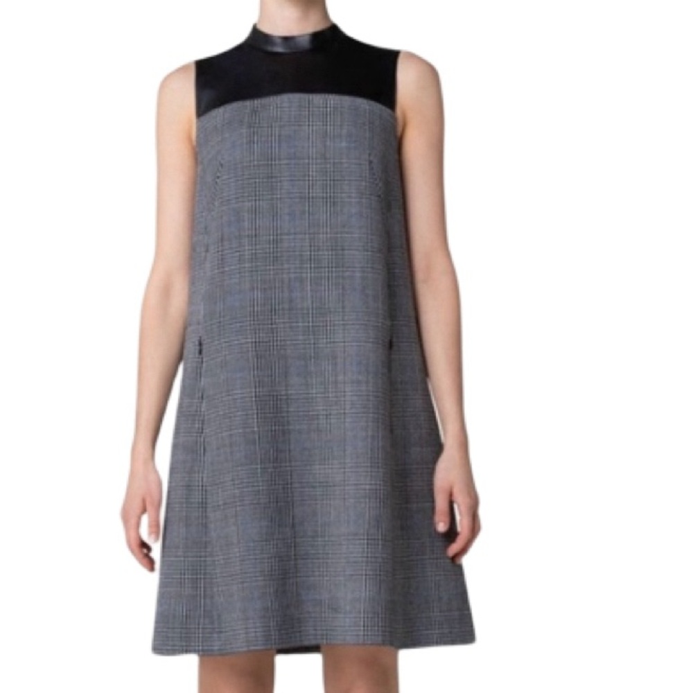 NWT Akris Punto Mixed Media Vegan Leather Panel Plaid Wool Dress - Sz 12